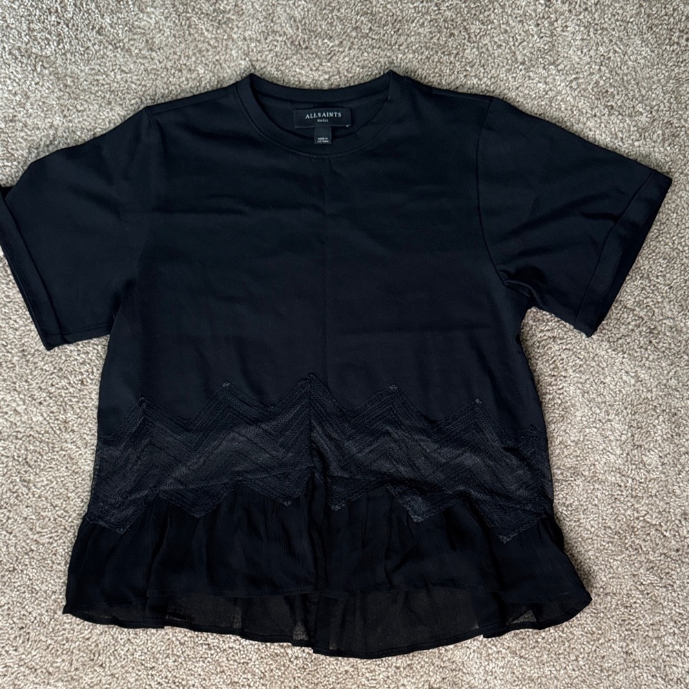 AllSaints Black Crewneck Tee with Branded Neck Label